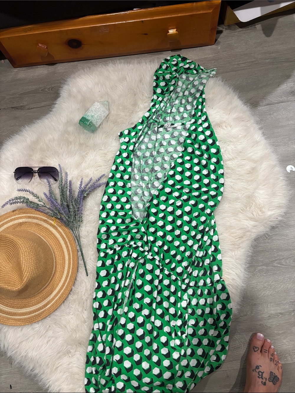 Roxy Green Geometric Hooded Midi Dress